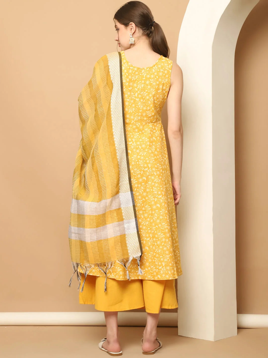 Yellow Printed Anarkali Kurta Set - Cotton Kurta for Women