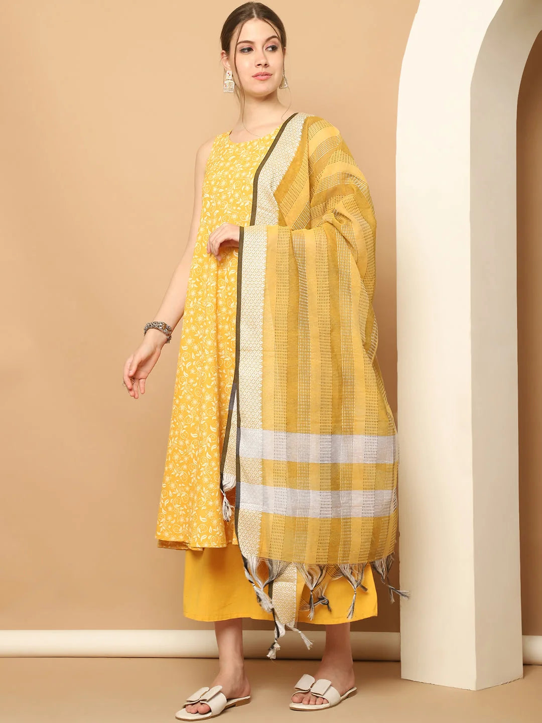 Yellow Printed Anarkali Kurta Set - Cotton Kurta for Women