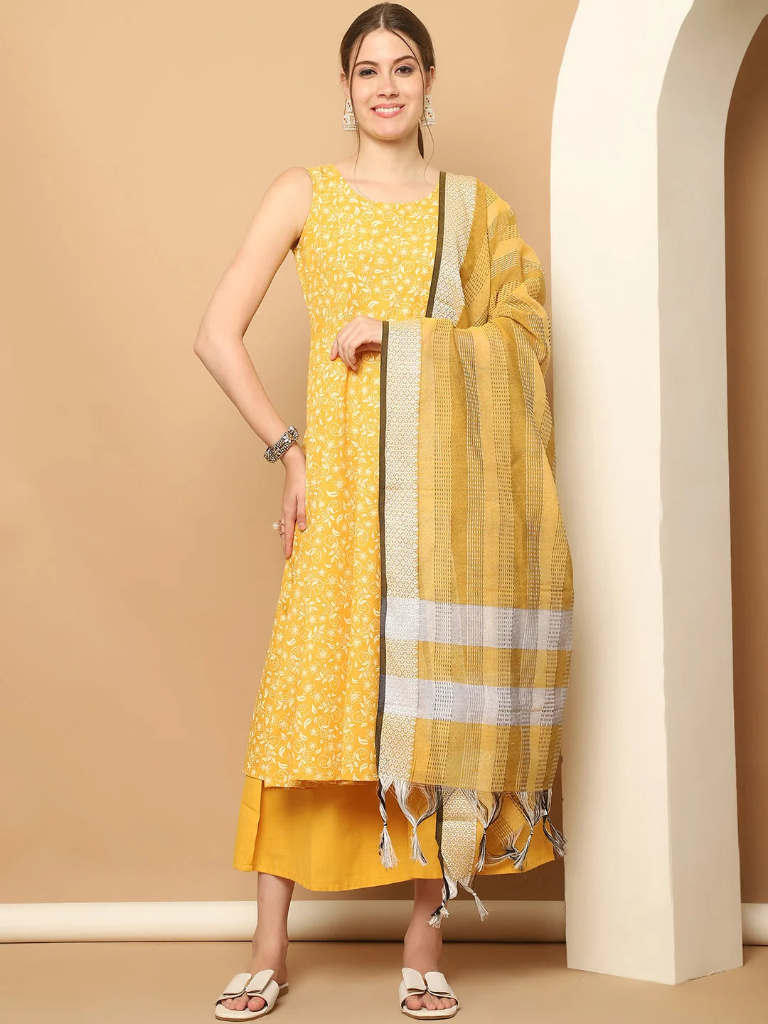 Yellow Printed Anarkali Kurta Set - Cotton Kurta for Women
