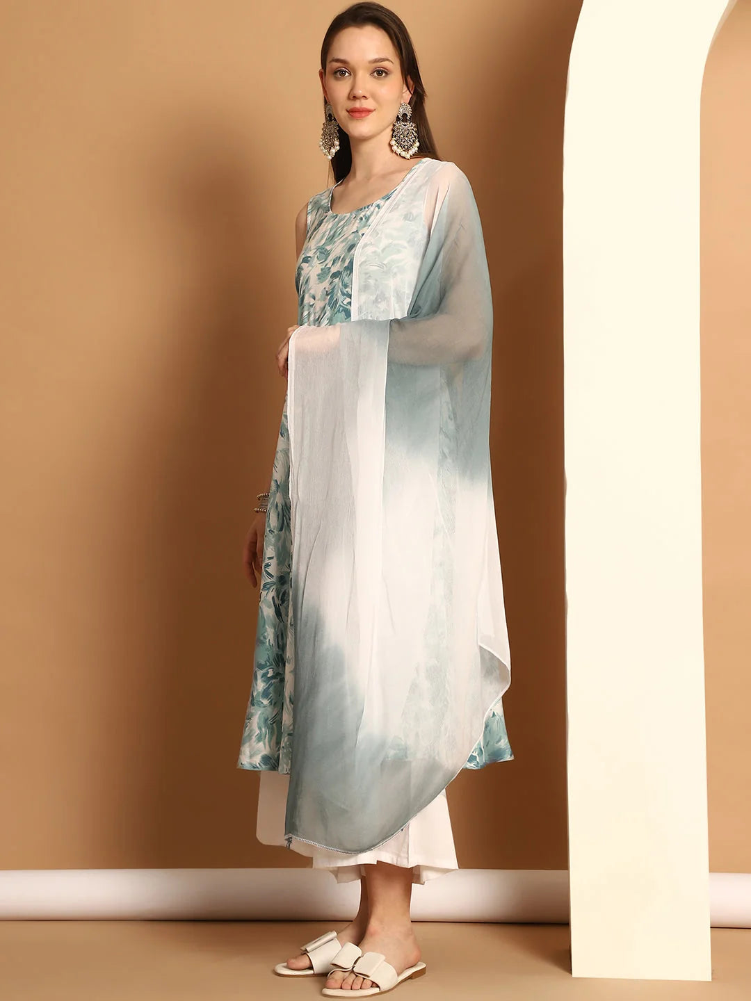 Teal Printed Anarkali Kurta Set for Women | Indian Anarkali Kurta