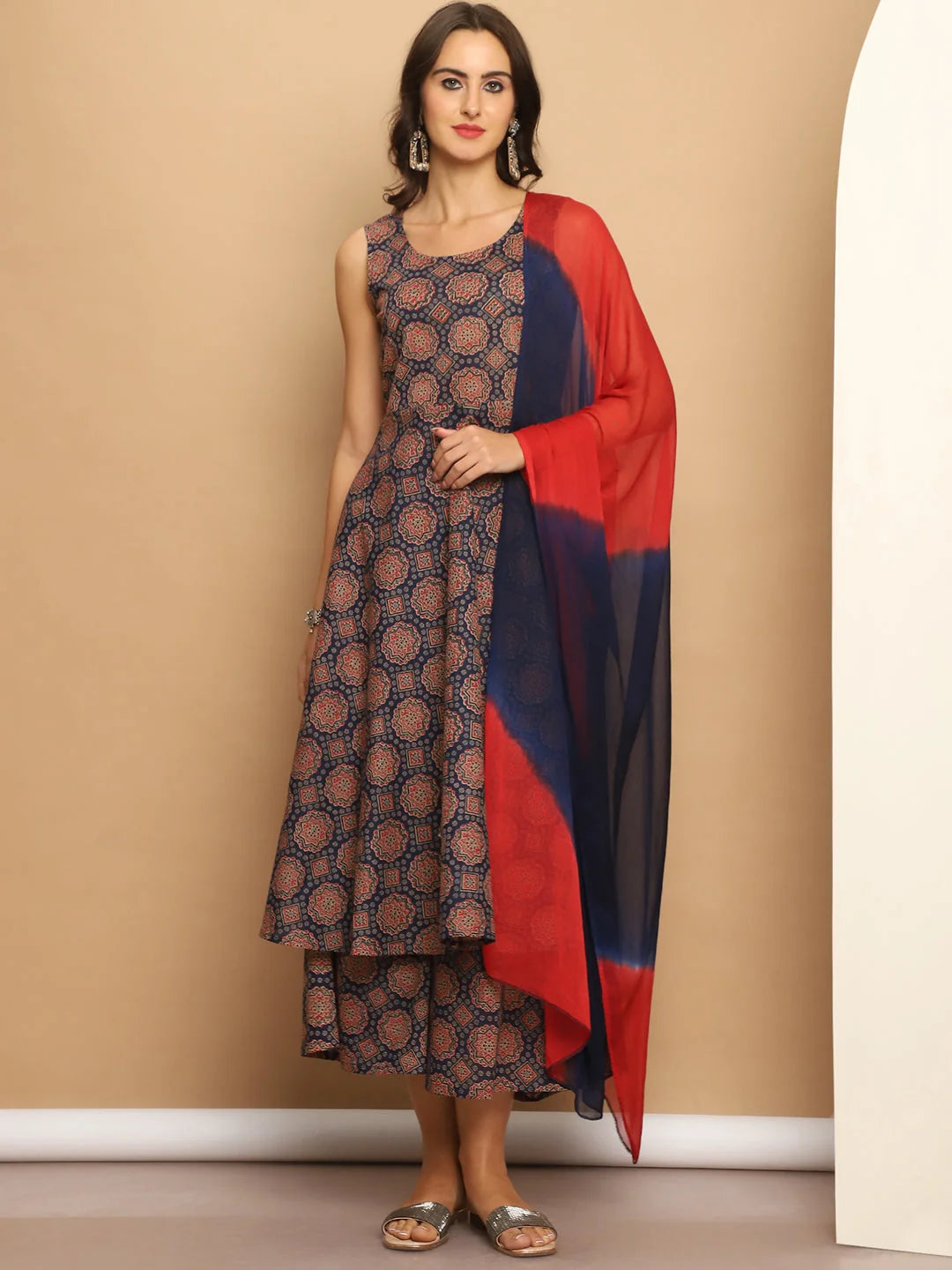 Printed Anarkali Kurta Set - Navy Blue Cotton Kurta for Women