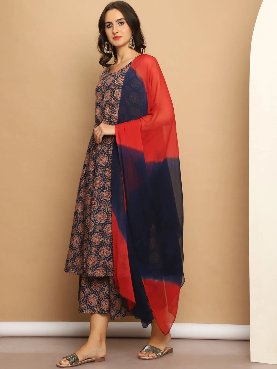 Printed Anarkali Kurta Set - Navy Blue Cotton Kurta for Women