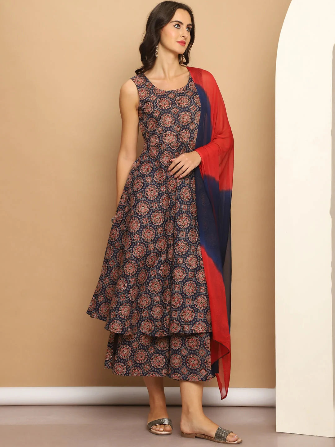 Printed Anarkali Kurta Set - Navy Blue Cotton Kurta for Women