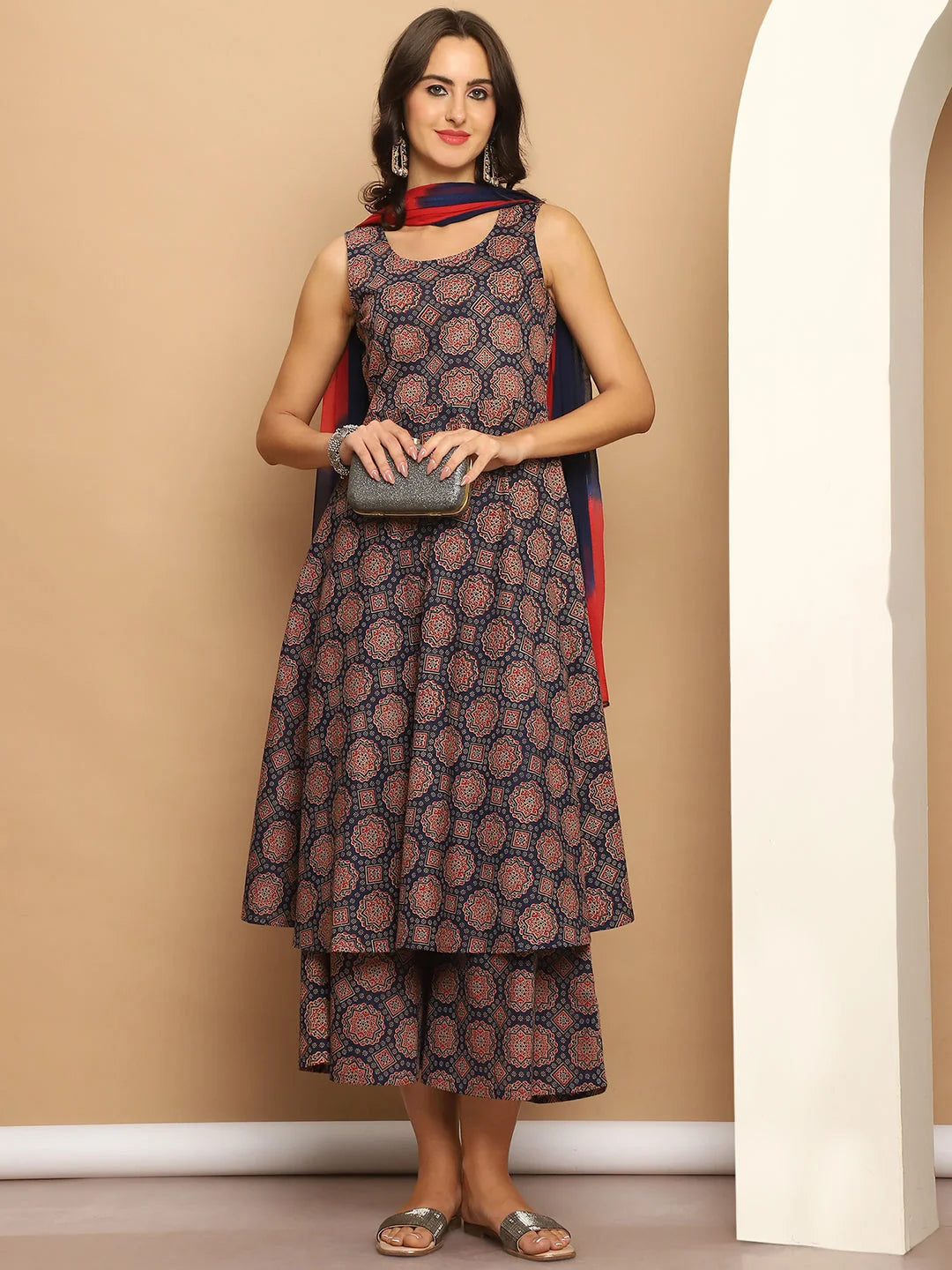 Printed Anarkali Kurta Set - Navy Blue Cotton Kurta for Women