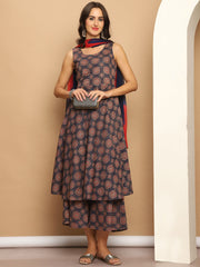 Printed flared kurta pallazos dupatta set-JOKPL-D63NR