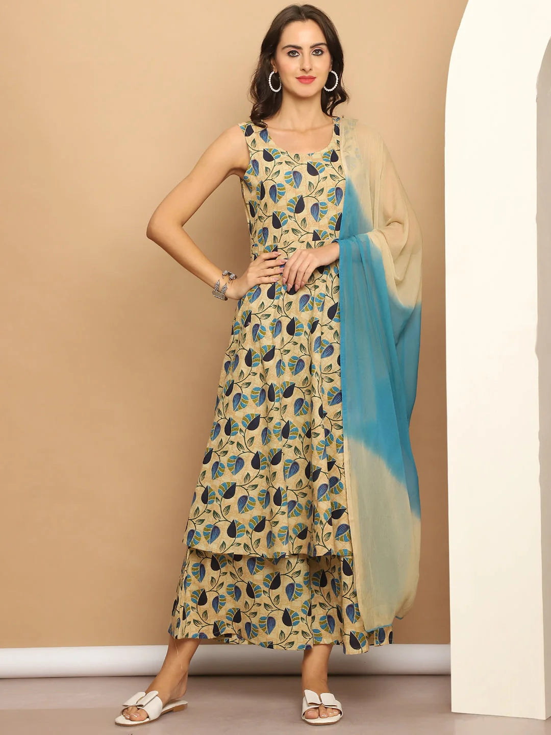 Printed flared kurta pallazos dupatta set-JOKPL-D63PB