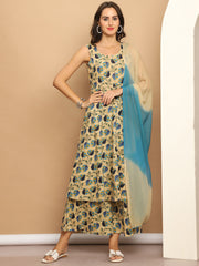 Printed flared kurta pallazos dupatta set-JOKPL-D63PB