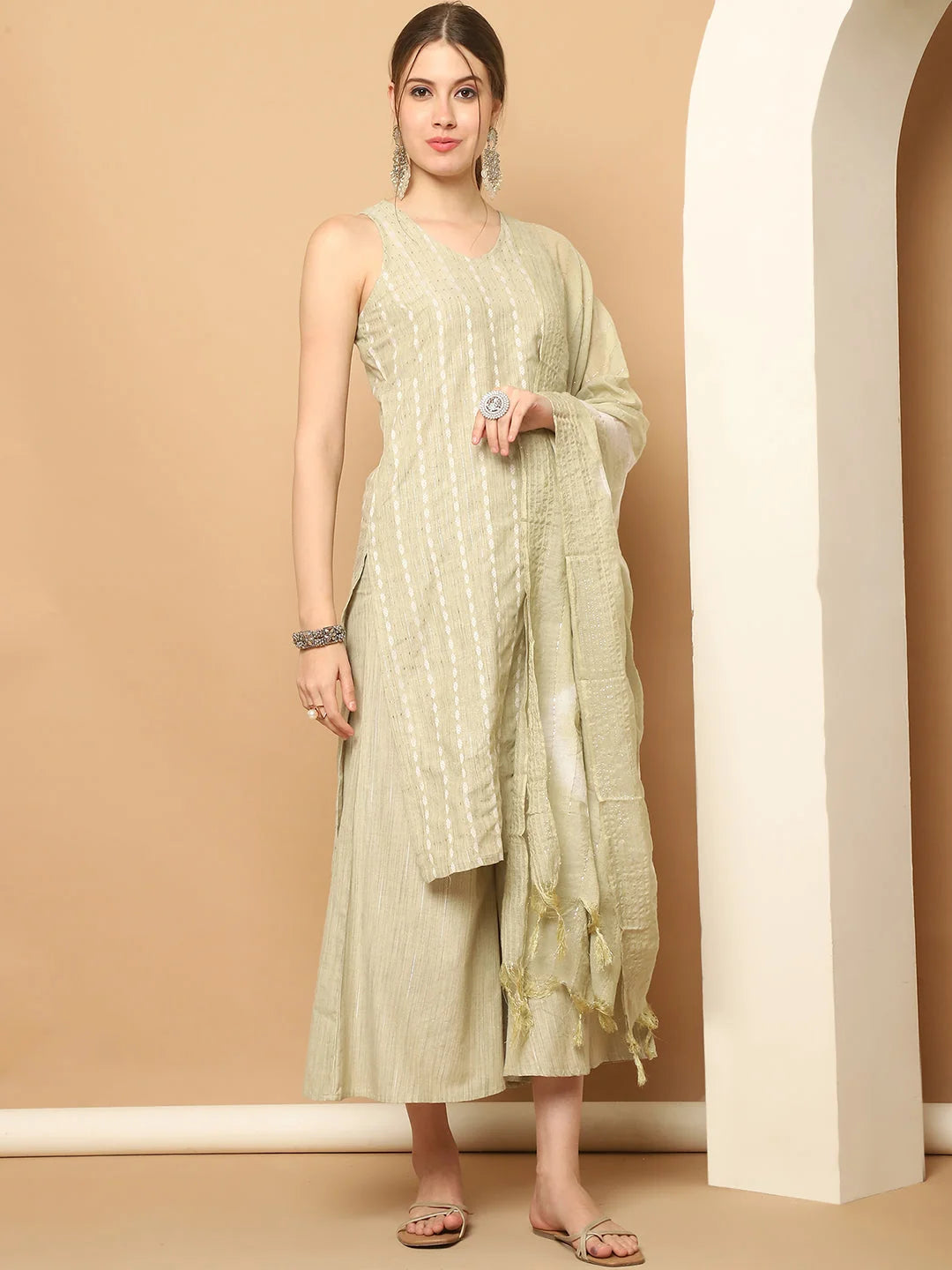 Dobby Green Kurta Palazzo Set | Women's Palazzo Pants Set