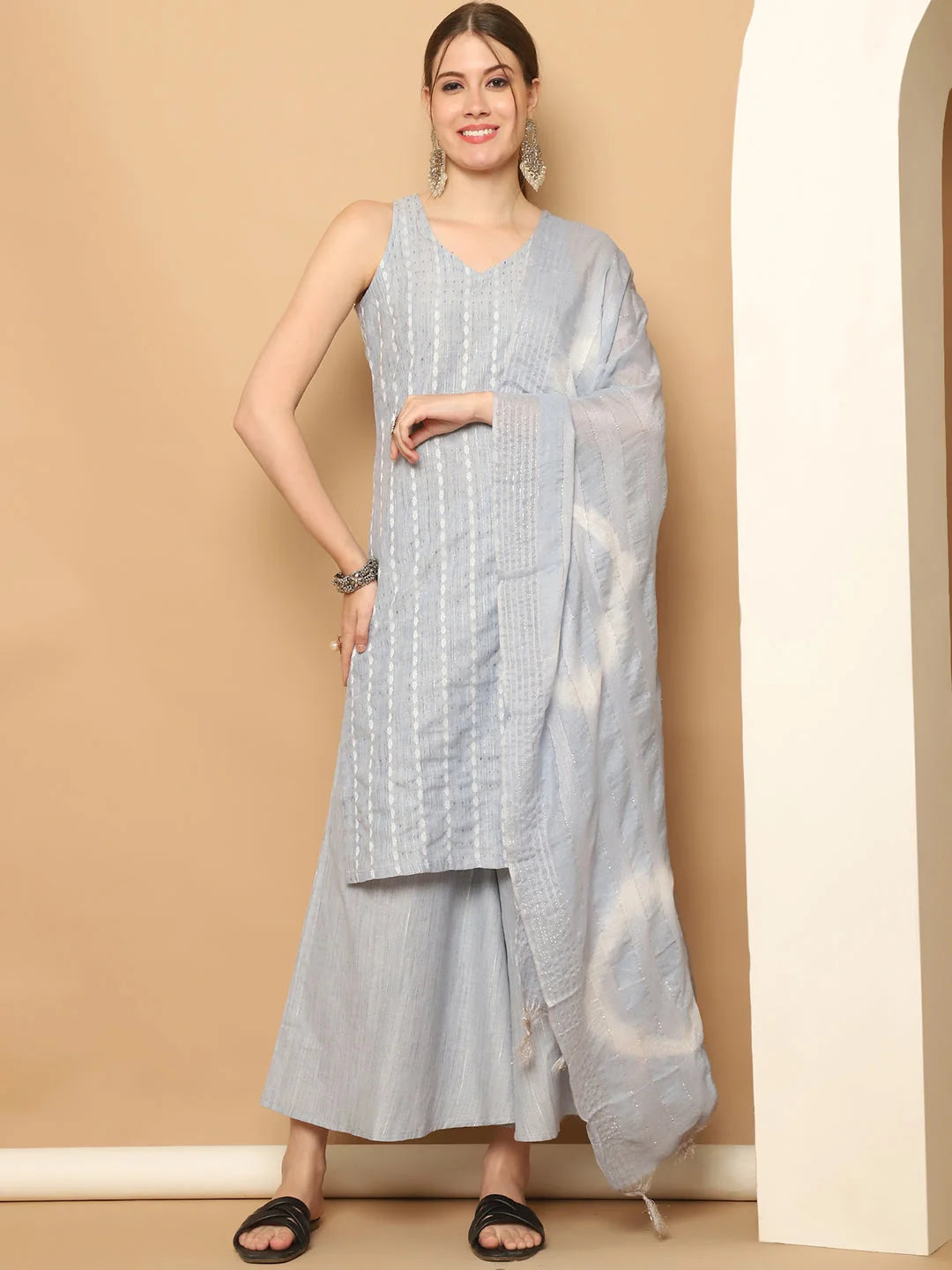 Dobby Blue Kurta Palazzo Set with Dupatta | Women's Style