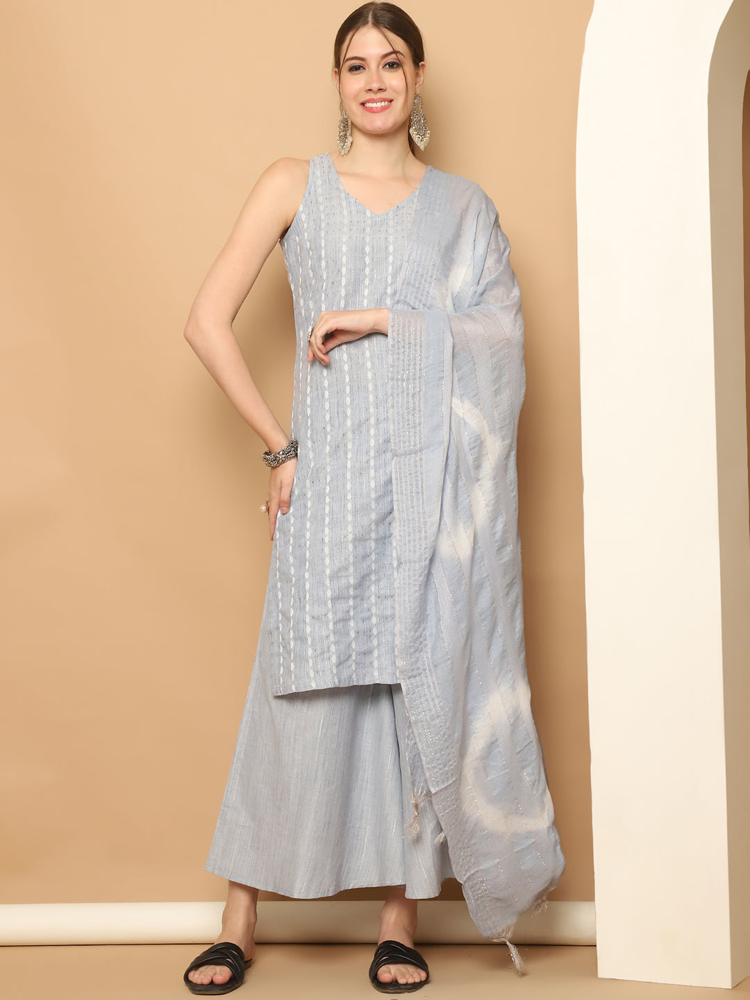 Dobby Blue Kurta Palazzo Set with Dupatta | Women's Style