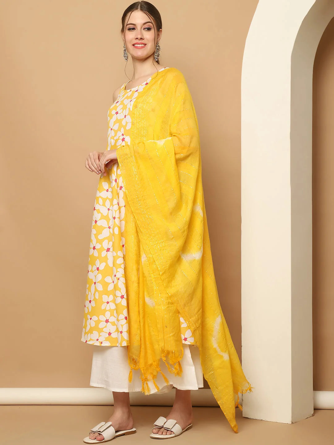 Yellow Floral Anarkali Kurti Set - Printed Cotton Kurta