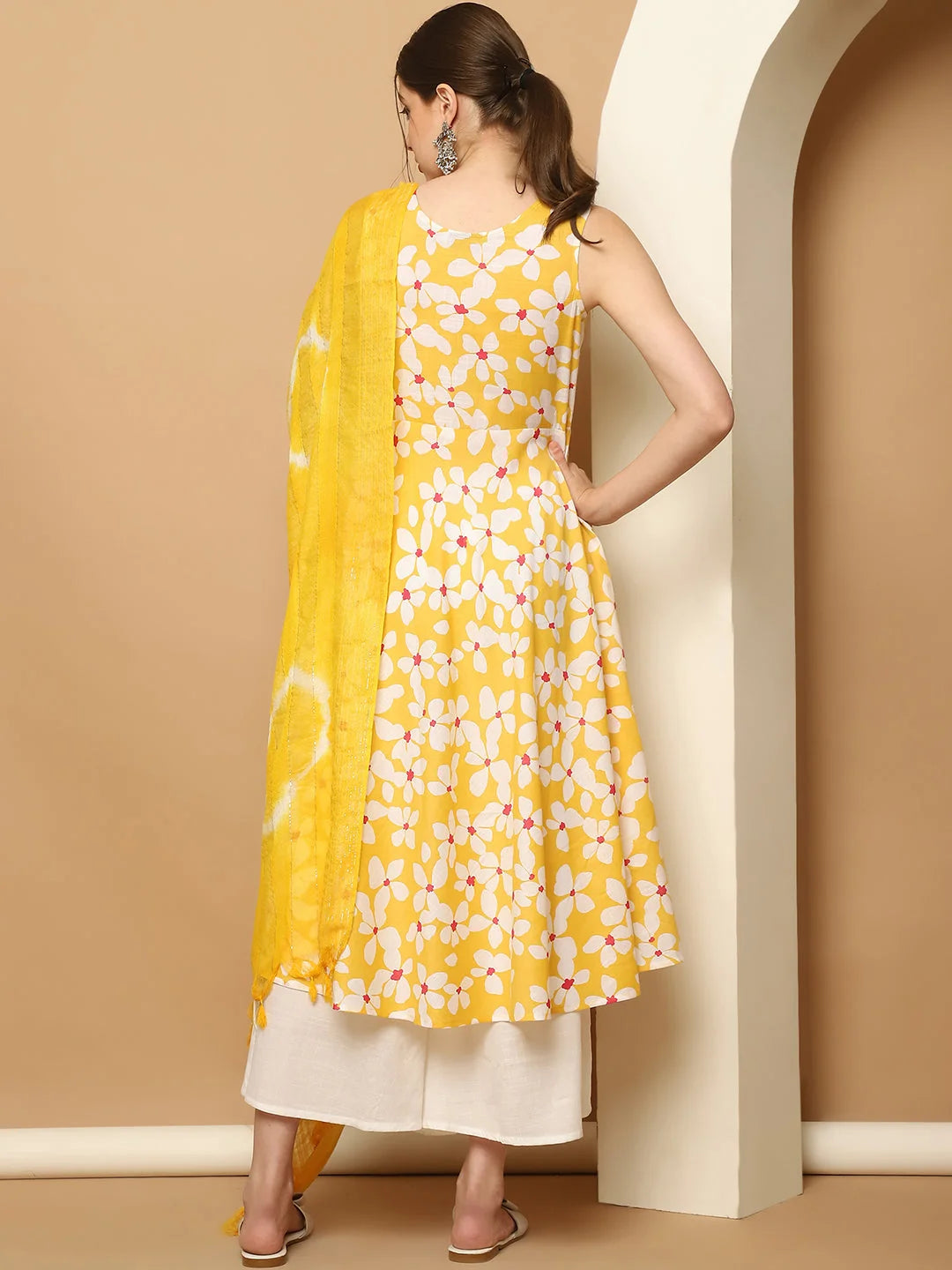 Yellow Floral Anarkali Kurti Set - Printed Cotton Kurta
