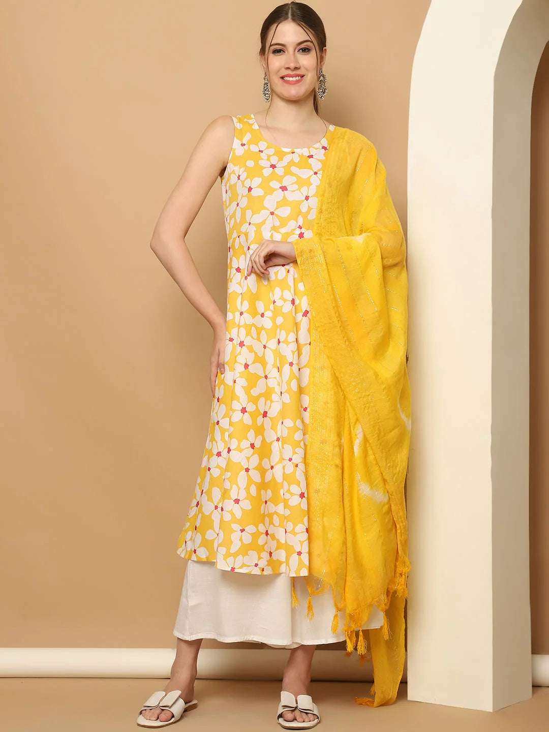 Yellow Floral Anarkali Kurti Set - Printed Cotton Kurta