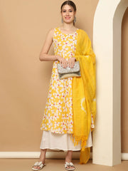 Printed yellow flowers flared kurta pallazos dupatta set ( JOKPL D64Y 1564 Yellow )