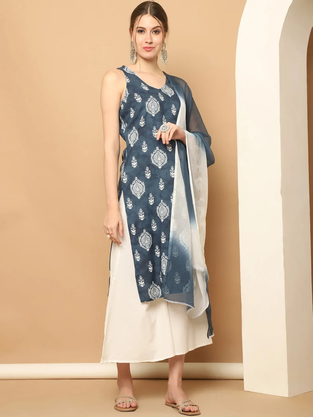 Printed Grey Kurta Palazzo Set with Dupatta | Women's Fashion