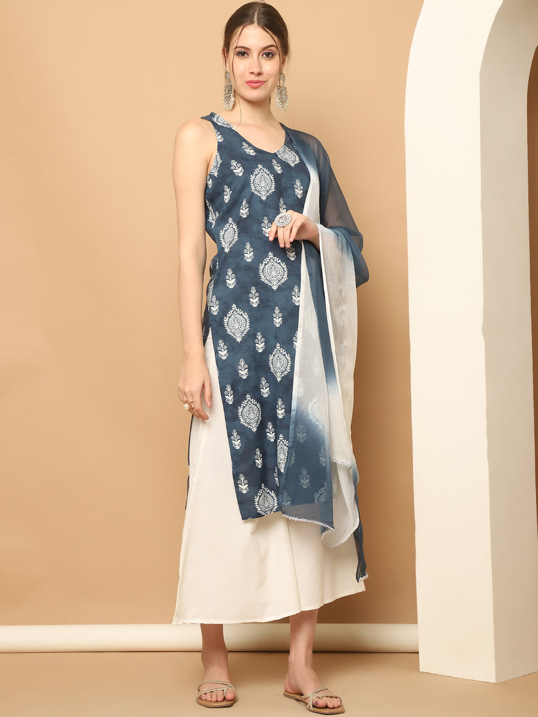 Printed Grey Kurta Palazzo Set with Dupatta | Women's Fashion