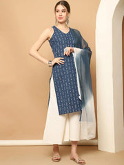 Printed Navy Blue Cotton Kurta with Palazzos & With Dupatta ( JOKPL D65N 1561 Navy )