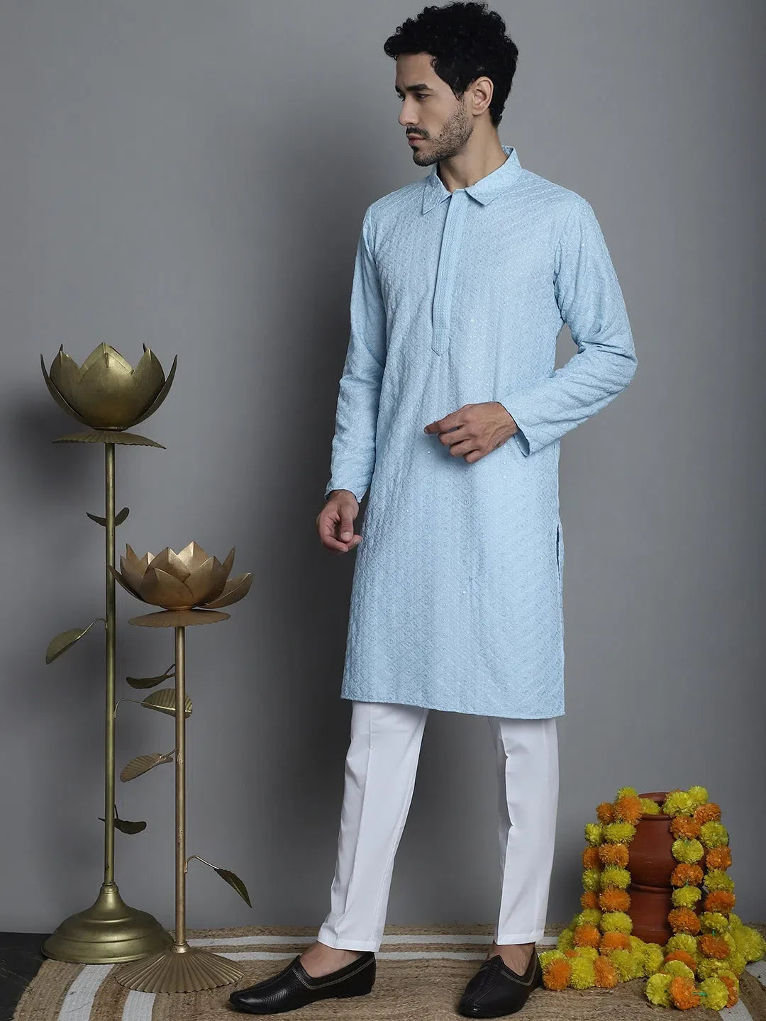 Sky Blue Chikankari Embroidered Kurta with Pyjama Set for Men