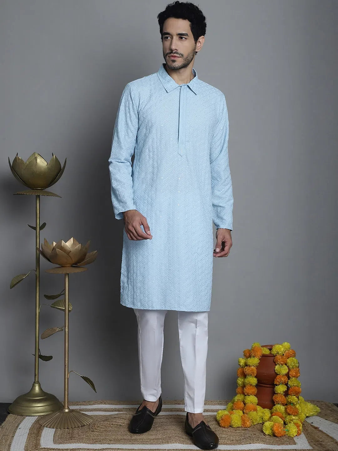 Sky Blue Chikankari Embroidered Kurta with Pyjama Set for Men