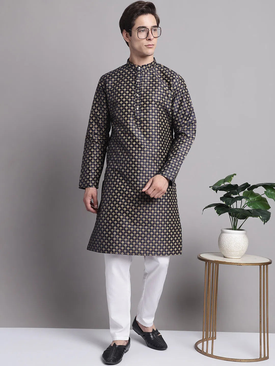 Black Printed Silk Blend Kurta Pajama | Mens Kurta Pajama Set