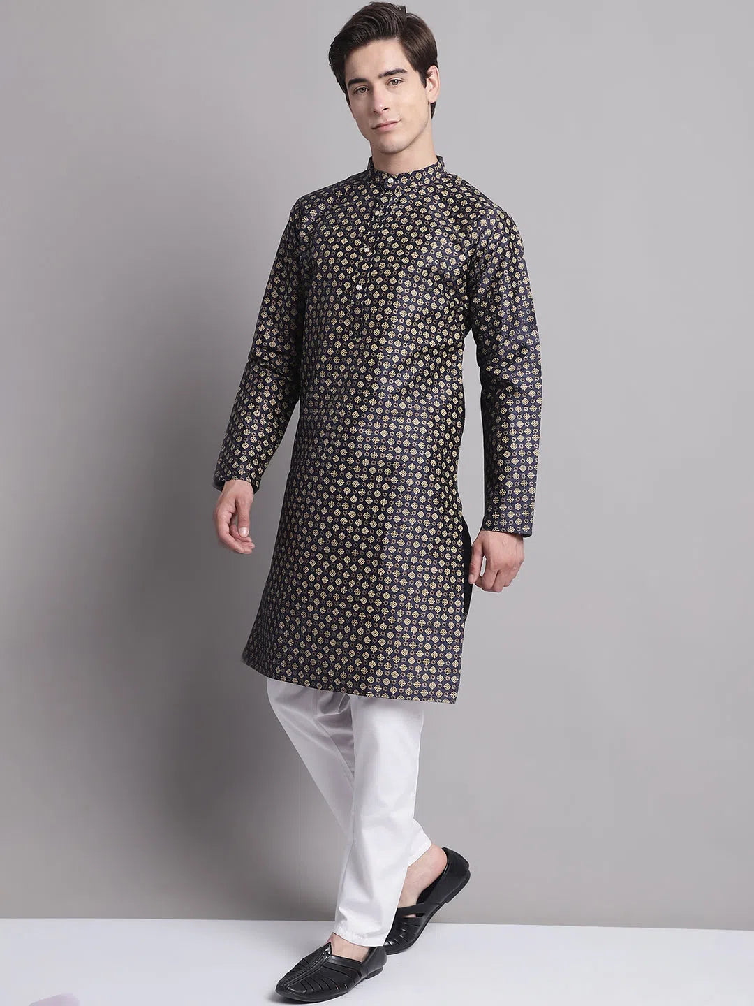 Black Printed Silk Blend Kurta Pajama | Mens Kurta Pajama Set