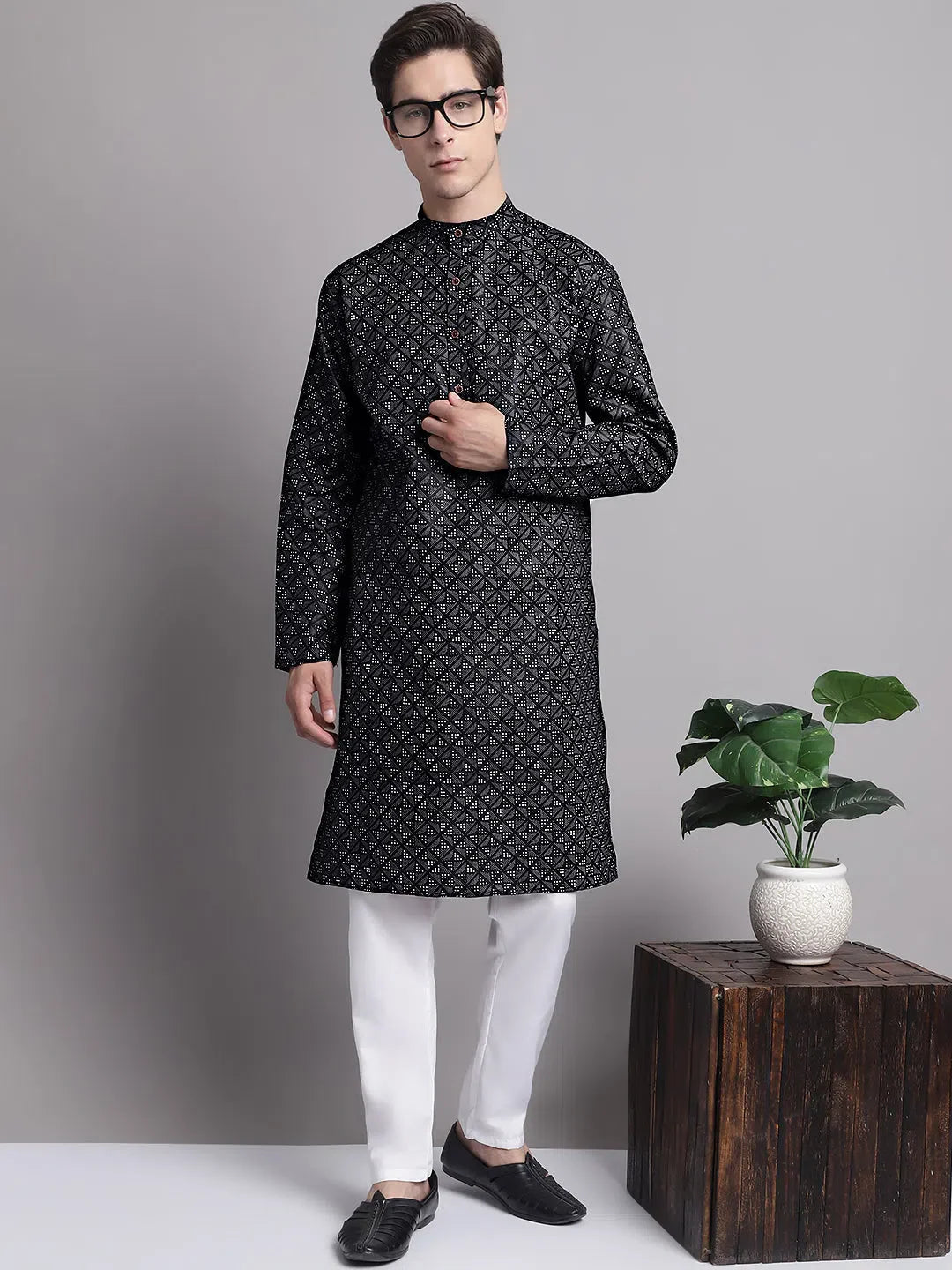Black Cotton Printed Mens Kurta Pajama Set | Shop Kurta Pajama