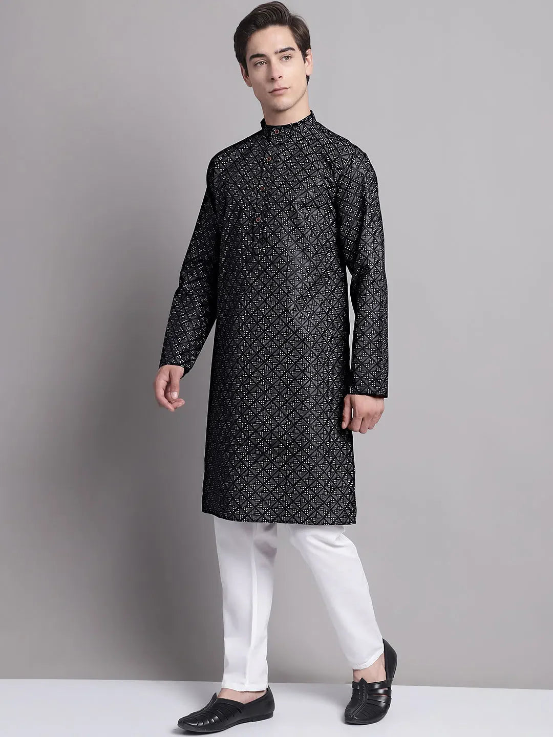 Black Cotton Printed Mens Kurta Pajama Set | Shop Kurta Pajama