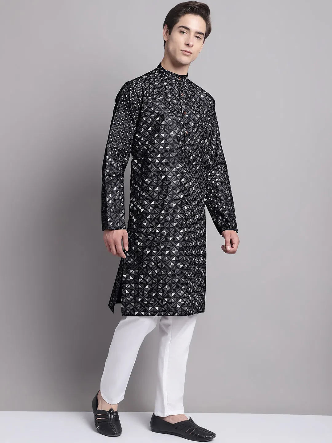Black Cotton Printed Mens Kurta Pajama Set | Shop Kurta Pajama
