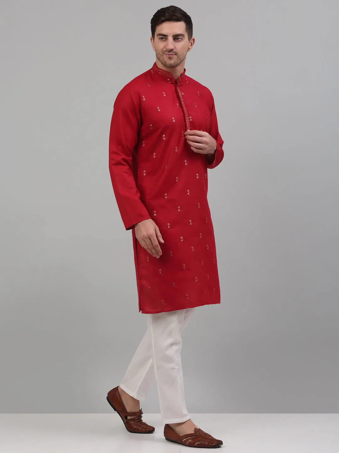 Maroon Embroidered Mens Kurta Pajama Set | Cotton Kurta Pajama