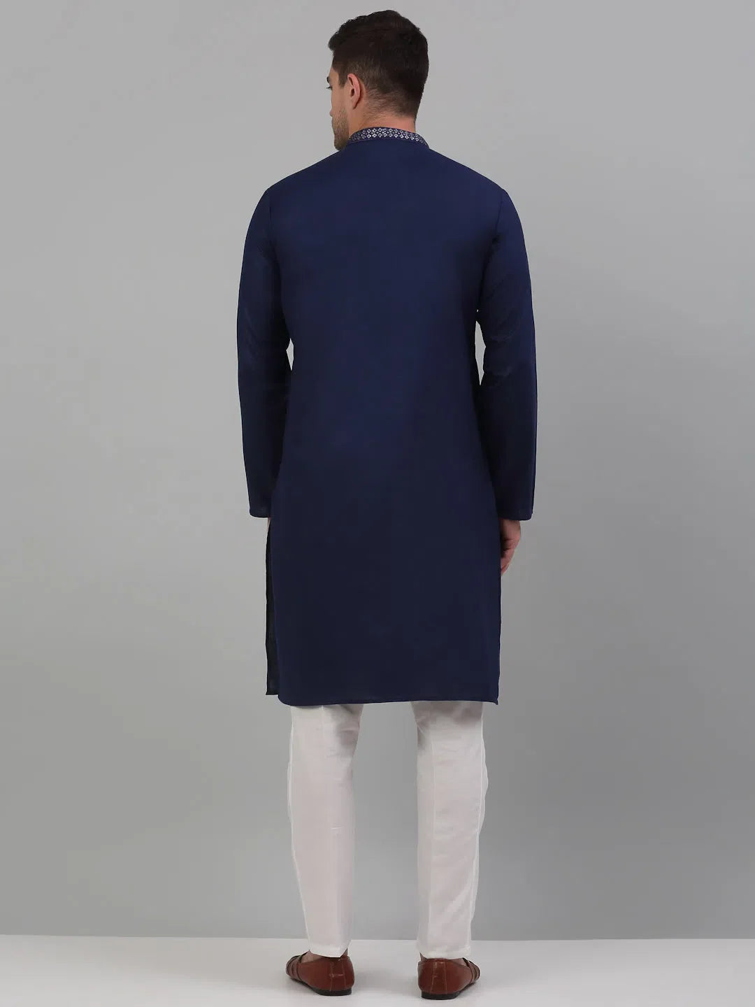Navy Blue Embroidered Mens Kurta Pajama Set | Cotton Kurta