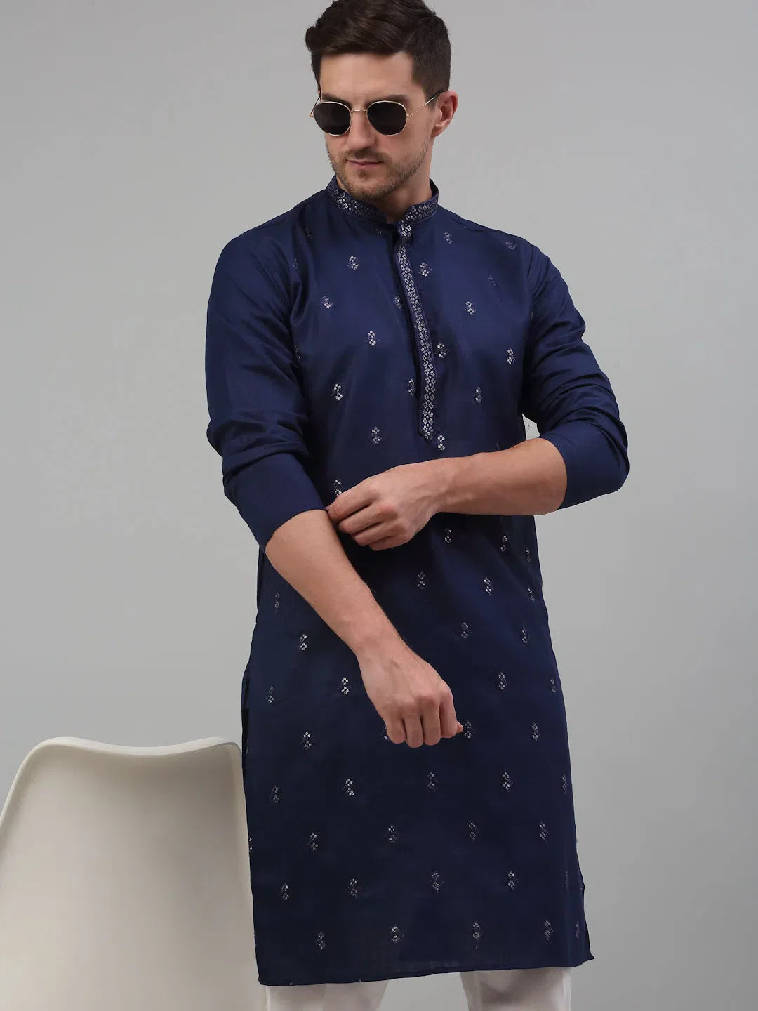 Navy Blue Embroidered Mens Kurta Pajama Set | Cotton Kurta