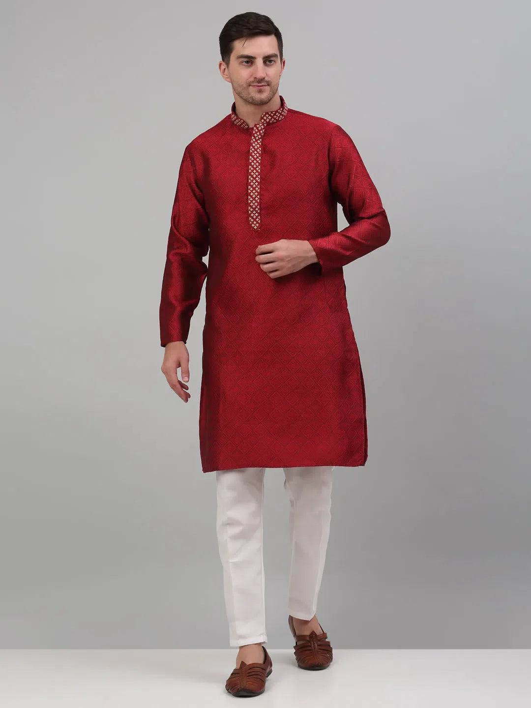 Maroon Embroidered Kurta Pajama Set | Mens Kurta Pajama Style