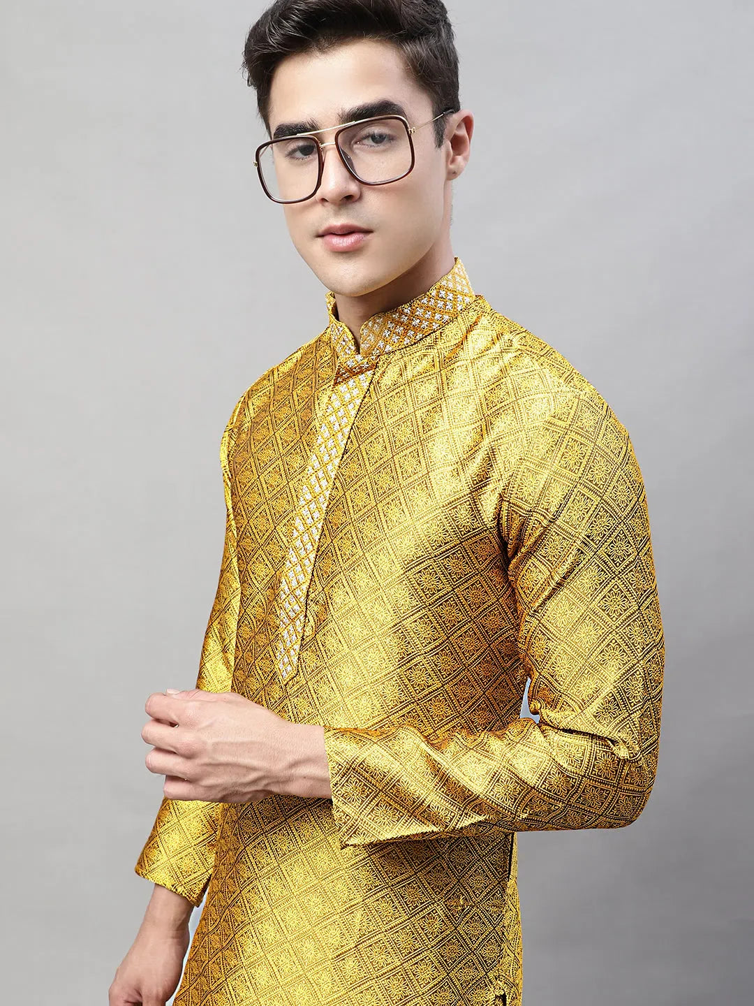 Mustard Embroidered Mens Kurta Pajama Set | Kurta Pajama