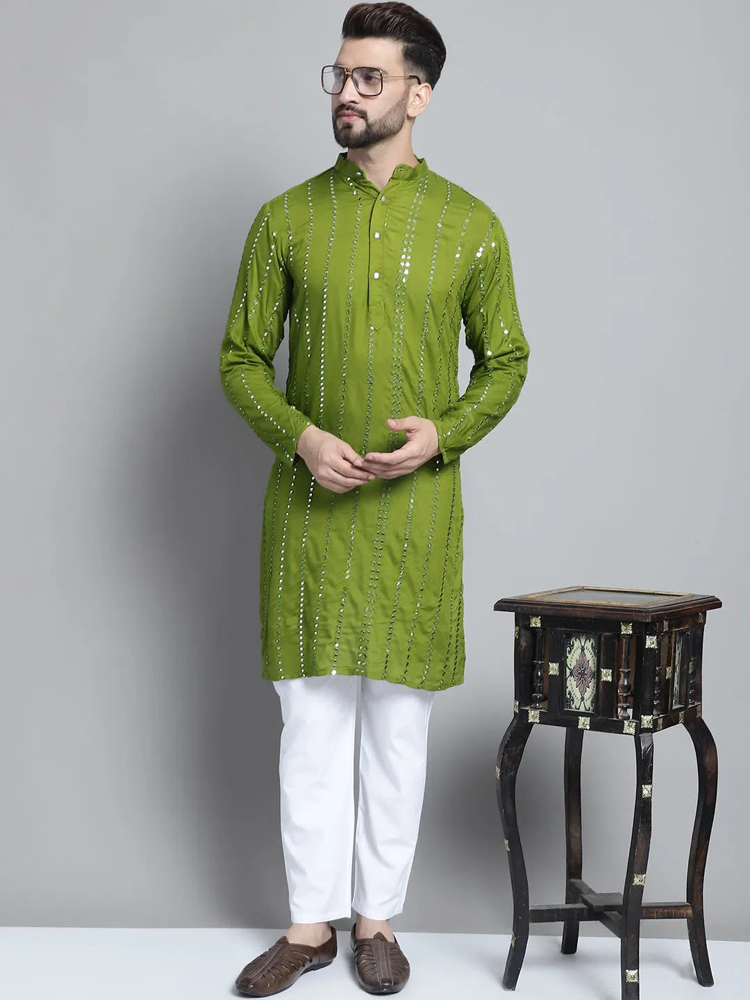Olive Embroidered Mens Kurta Pajama Set | Mirror Work Design