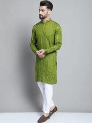 Men's Embroidered Mirror Work Kurta Payjama Sets-JOKP-P-694Olive