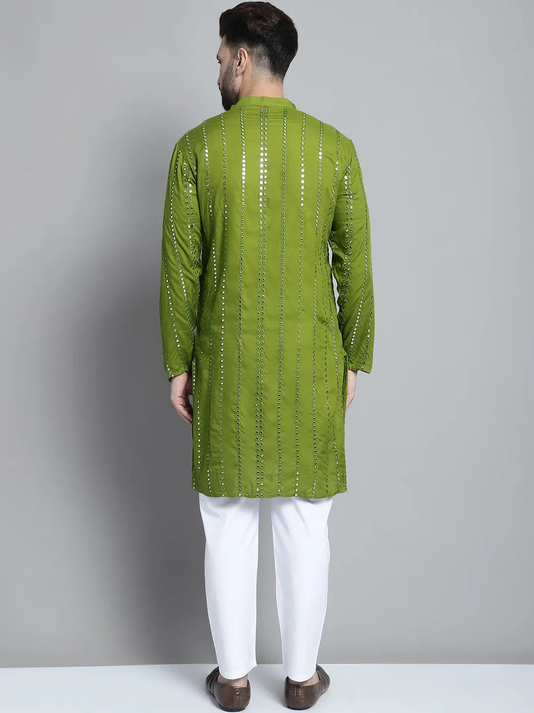Olive Embroidered Mens Kurta Pajama Set | Mirror Work Design
