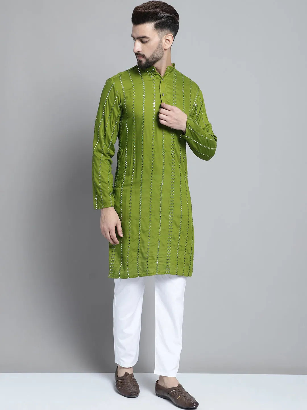 Olive Embroidered Mens Kurta Pajama Set | Mirror Work Design