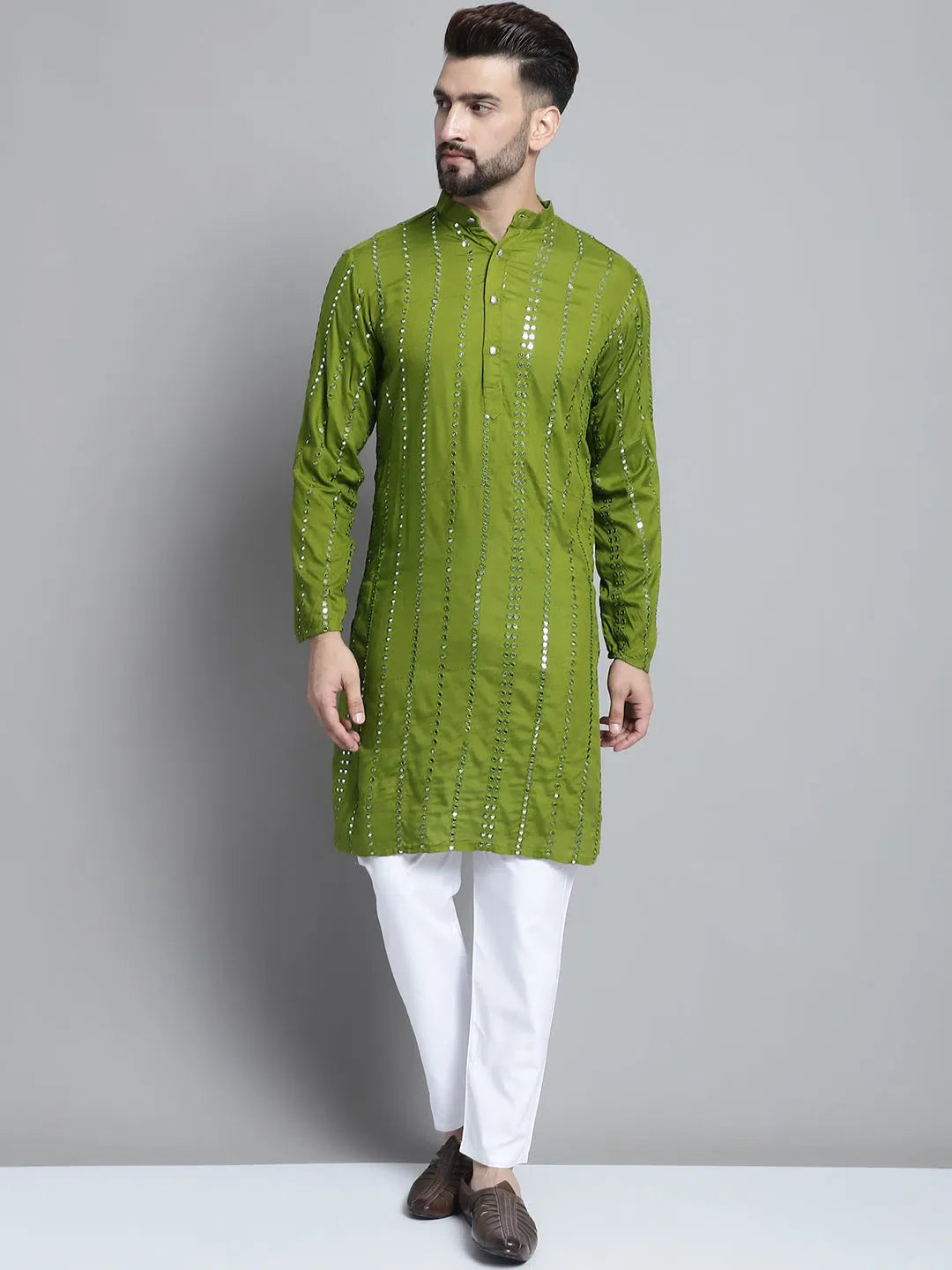 Olive Embroidered Mens Kurta Pajama Set | Mirror Work Design