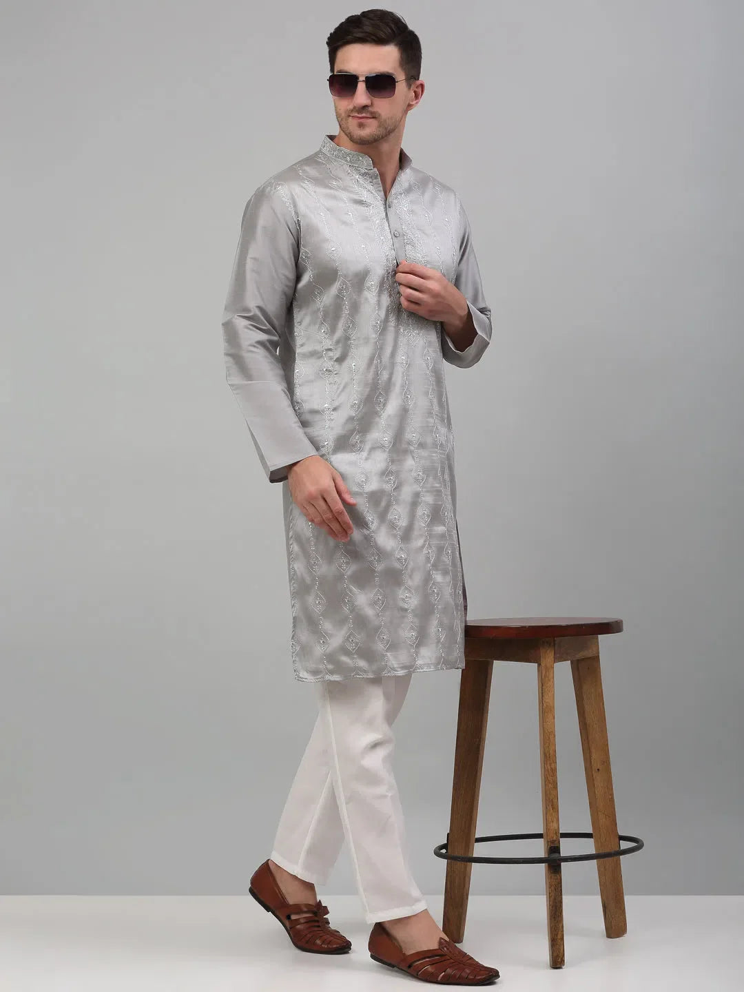 Grey Embroidered Mens Kurta Pajama Set | Modern Kurta Pajama