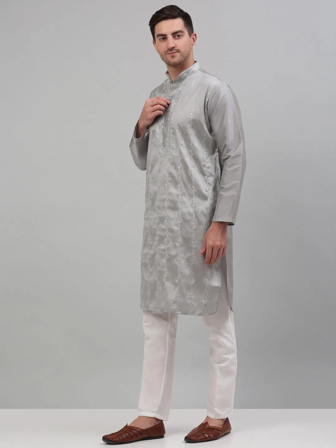 Grey Embroidered Mens Kurta Pajama Set | Modern Kurta Pajama