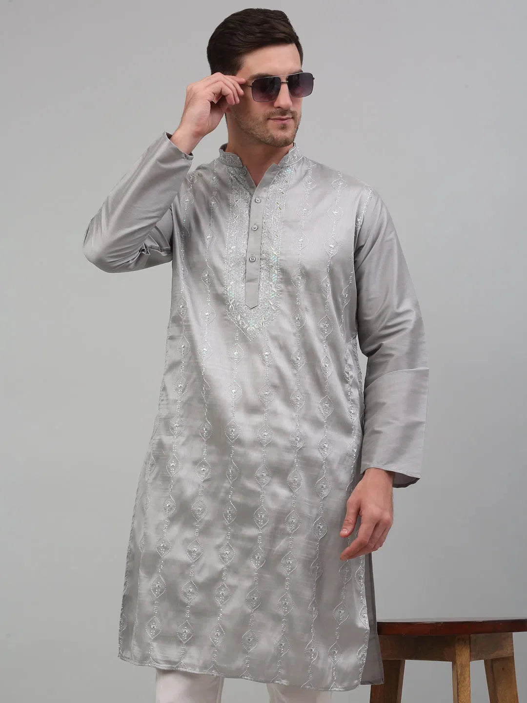 Grey Embroidered Mens Kurta Pajama Set | Modern Kurta Pajama