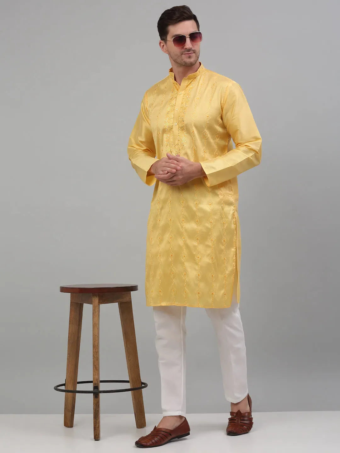Yellow Embroidered Mens Kurta Pajama Set | Festive Kurta Pajama