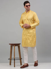 Men's Yellow Embroidered Kurta with Pyjama.-JOKP-P-698Yellow