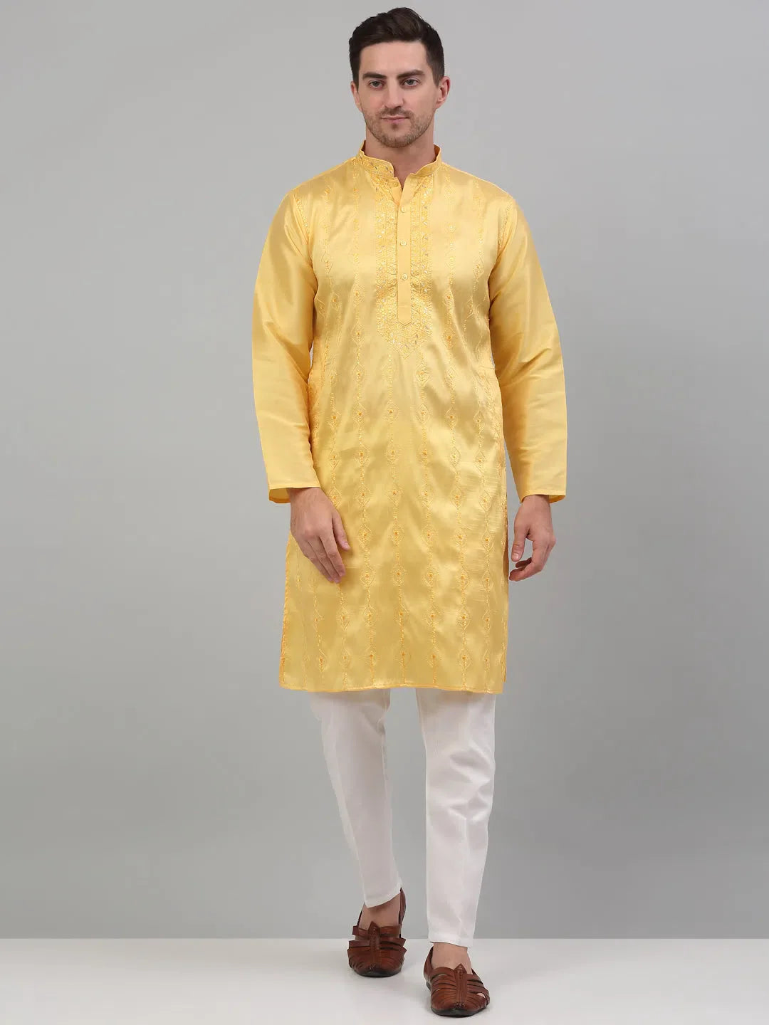 Yellow Embroidered Mens Kurta Pajama Set | Festive Kurta Pajama