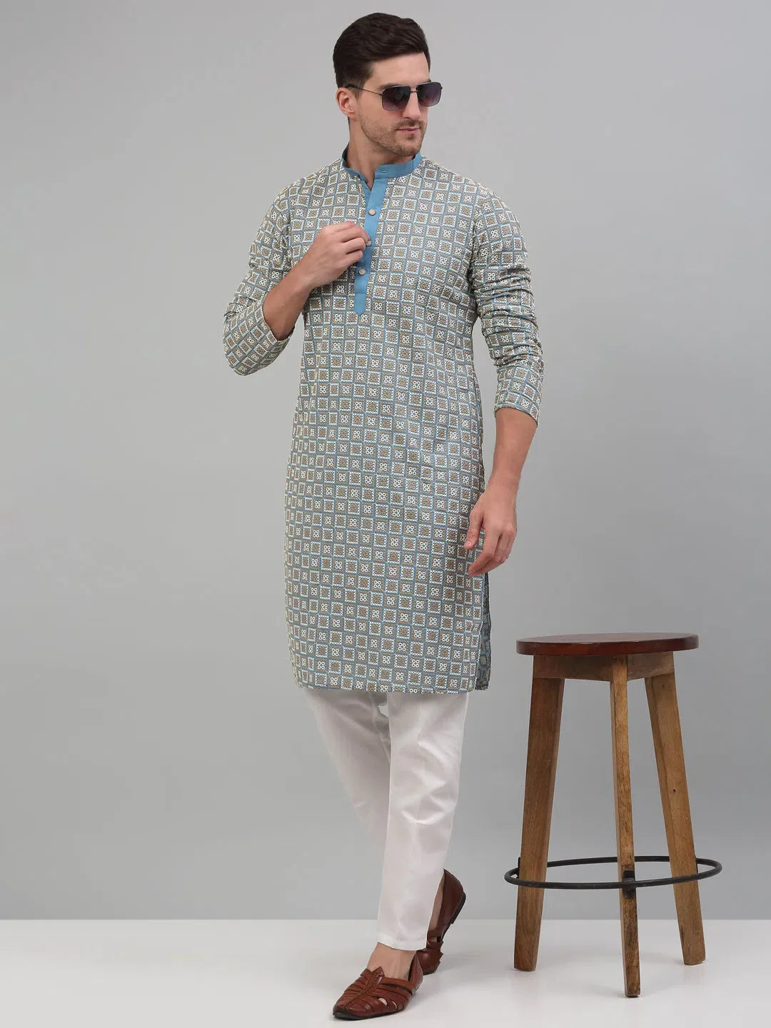 Trending Blue Embroidered Mens Kurta Pajama Set | Cotton Kurta Pajama
