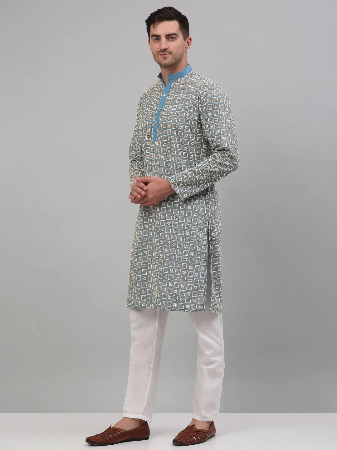 Trending Blue Embroidered Mens Kurta Pajama Set | Cotton Kurta Pajama