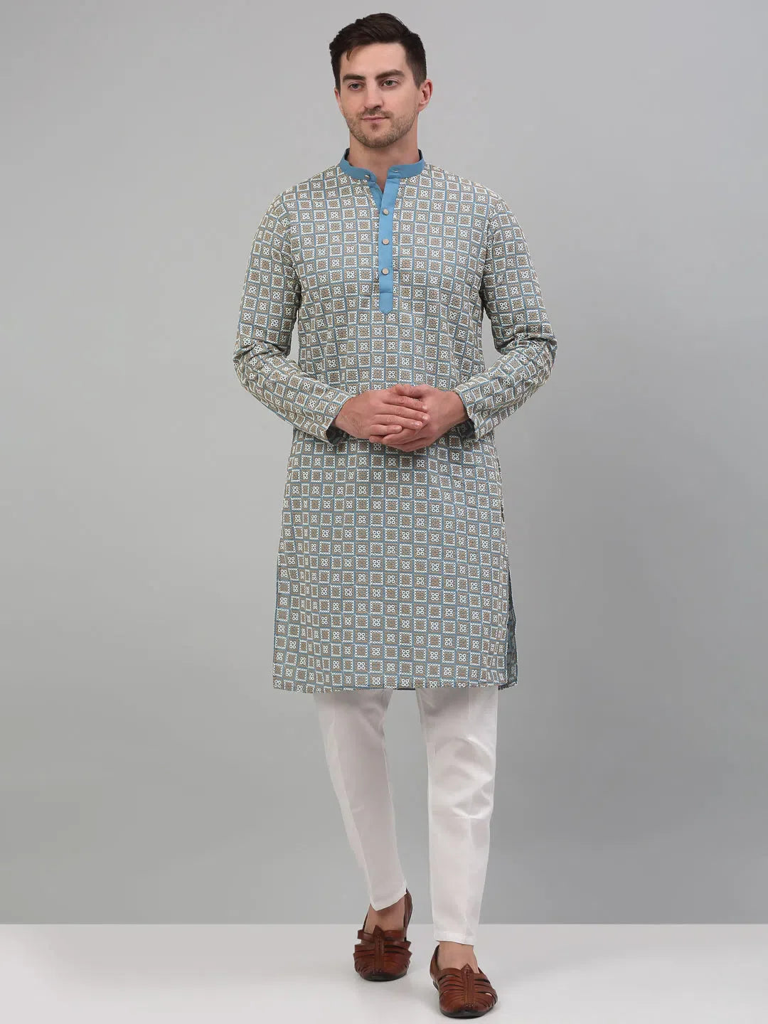 Trending Blue Embroidered Mens Kurta Pajama Set | Cotton Kurta Pajama