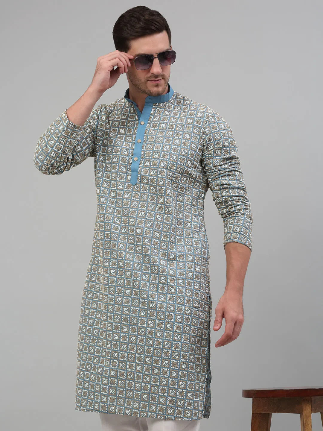 Trending Blue Embroidered Mens Kurta Pajama Set | Cotton Kurta Pajama