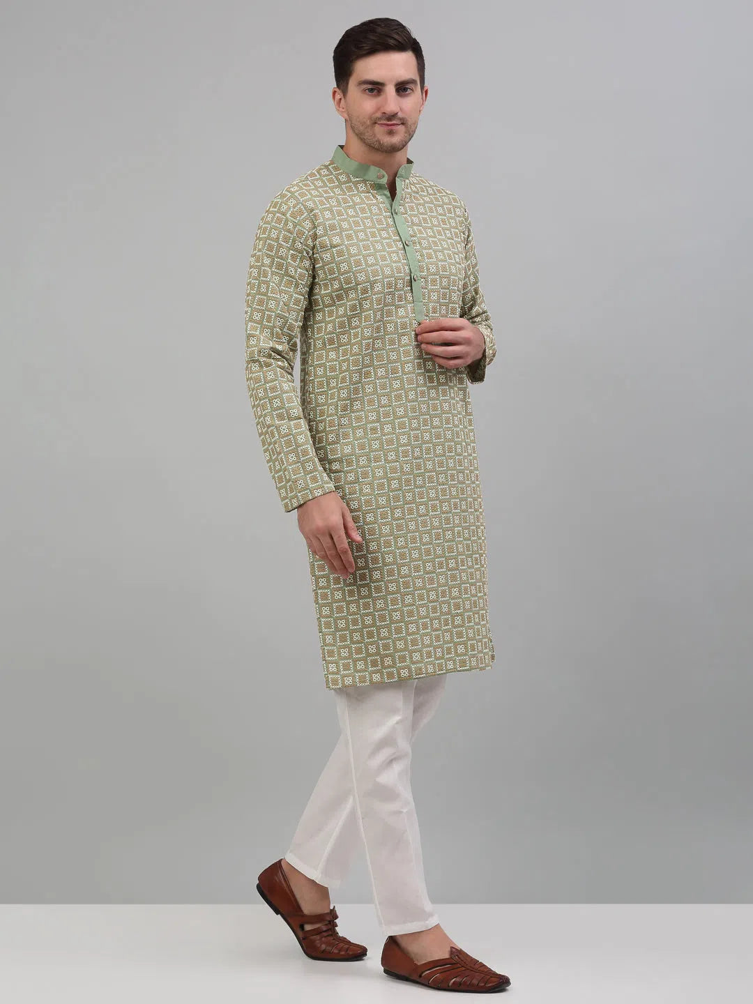 Green Embroidered Mens Kurta Pajama Set | Cotton Kurta Pajama