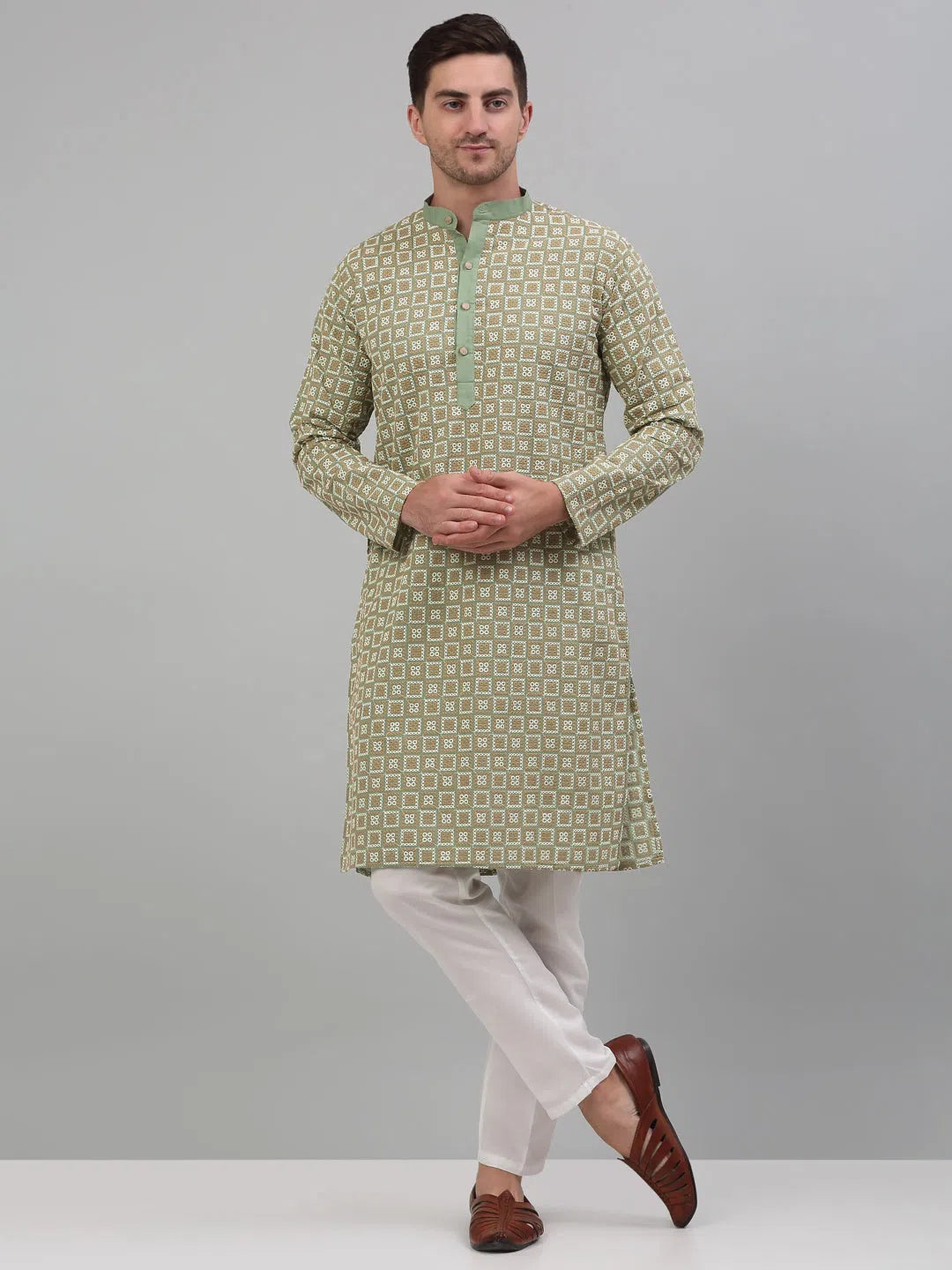 Green Embroidered Mens Kurta Pajama Set | Cotton Kurta Pajama